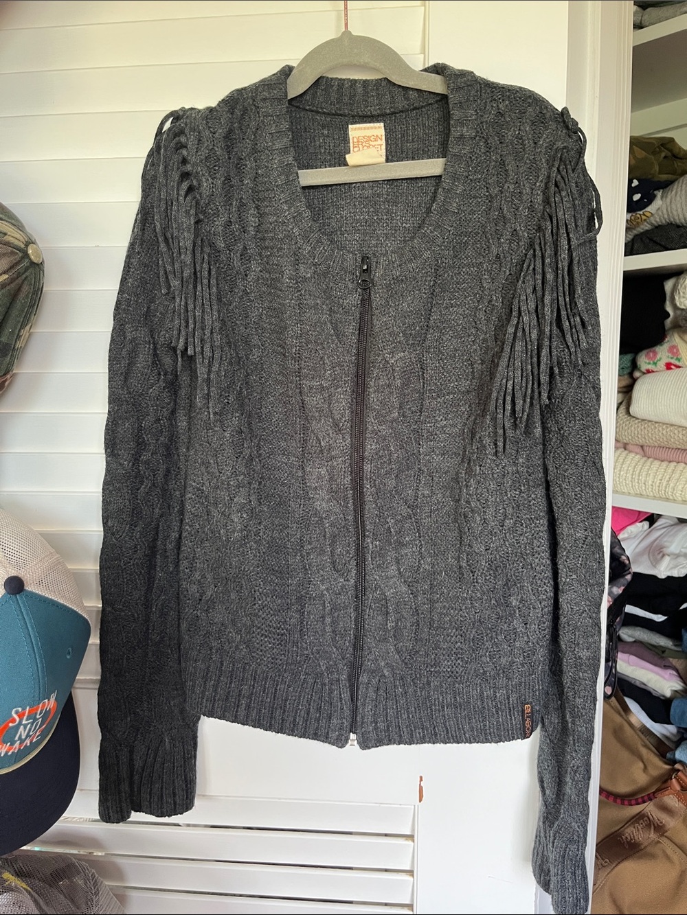 Billabong Charcoal Fringe Cable Knit Zip up Cardigan